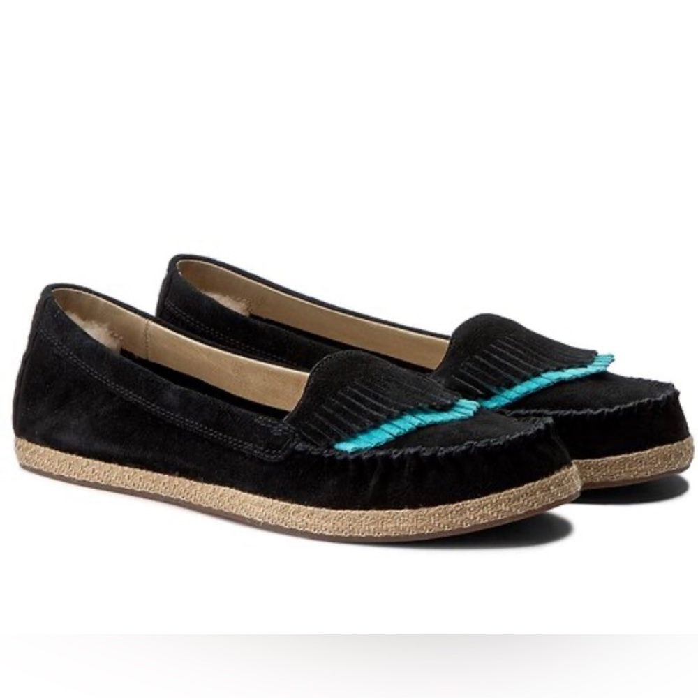 Ugg black moccasin espadrilles with black and blue fringe
